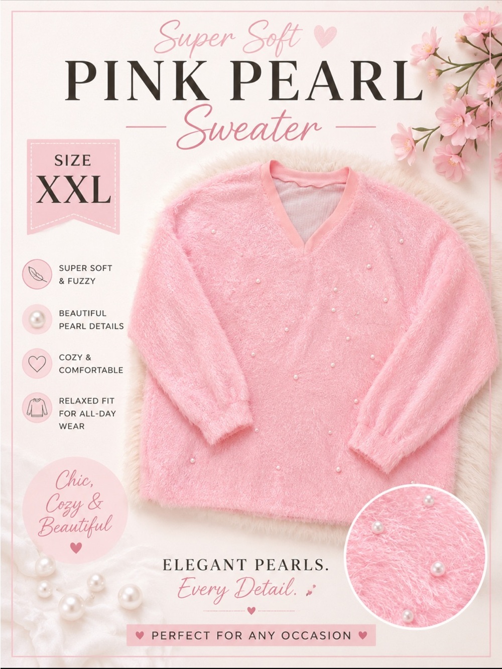 Pink Pearl V-Neck Sweater - Super Soft Cozy Knit. Size XXL